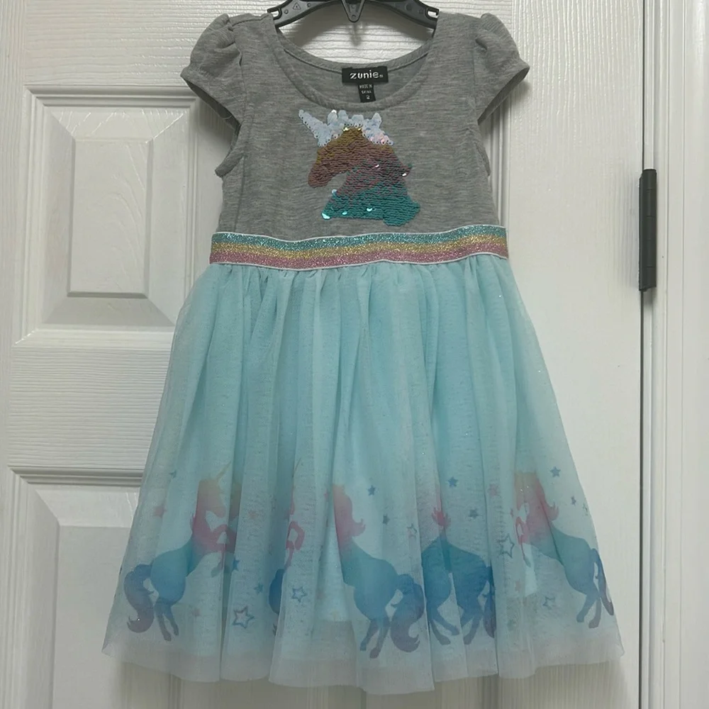 Girls size 2 2T dress unicorn tulle lined sparkle sequin rainbow